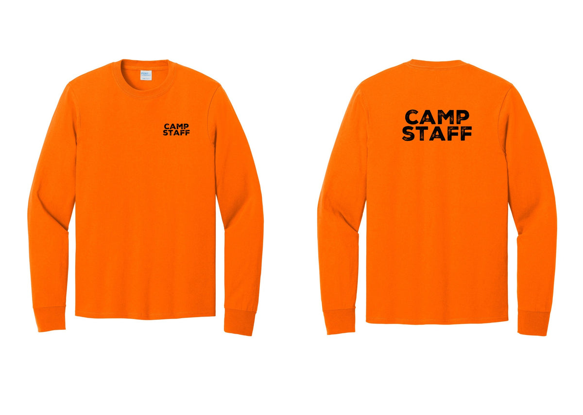 NYC Factory Camp Staff Cotton Long Sleeve T-Shirt (Rustic) - Chest + Back - Safety Orange