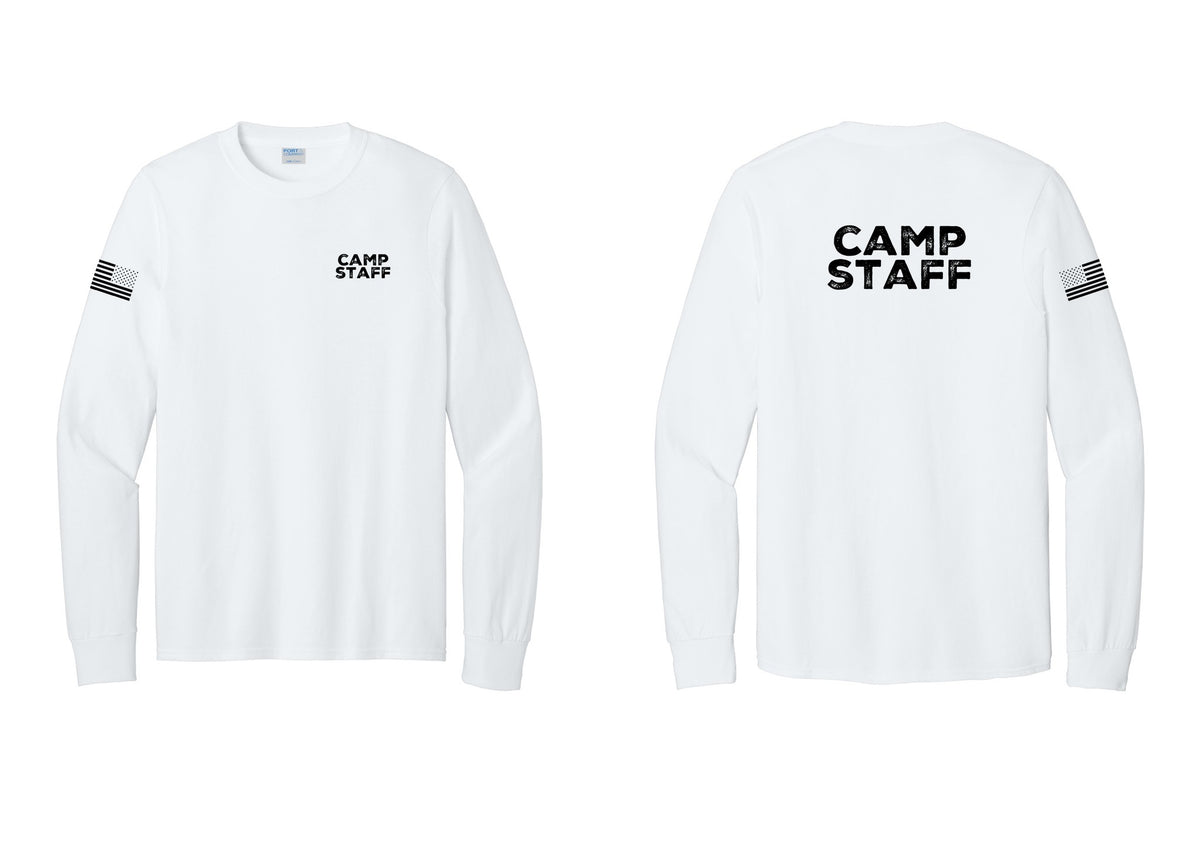 NYC Factory Camp Staff Cotton Long Sleeve T-Shirt (Rustic) - Chest + Back + US Flag Sleeve - White