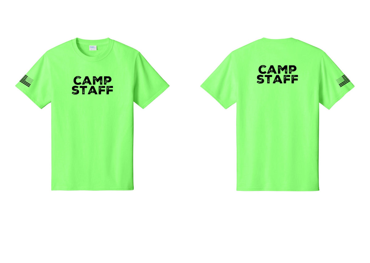 NYC Factory Camp Staff T-Shirt - Front + Back + US Flag Sleeve - Neon Green