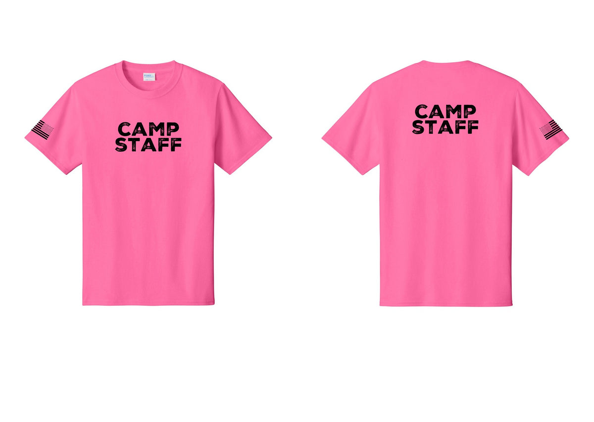 NYC Factory Camp Staff T-Shirt - Front + Back + US Flag Sleeve - Neon Pink