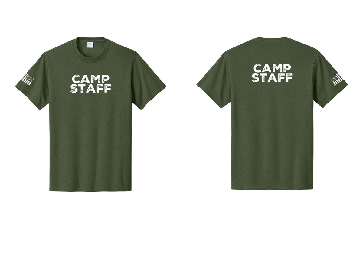 NYC Factory Camp Staff T-Shirt - Front + Back + US Flag Sleeve - Olive