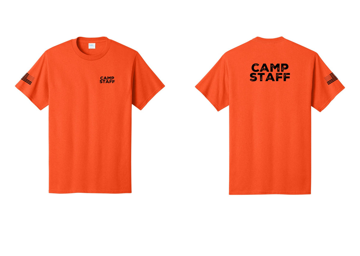 NYC Factory Camp Staff T-Shirt - Chest + Back + US Flag Sleeve - Orange