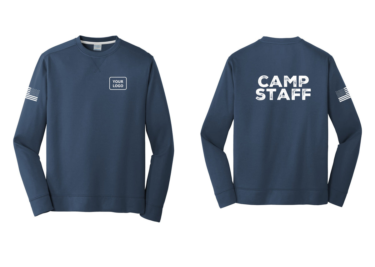 NYC Factory Custom Logo Camp Staff Performance Fleece Crewneck Sweatshirt (Rustic) - Your Logo + Back + US Flag Sleeve - Navy
