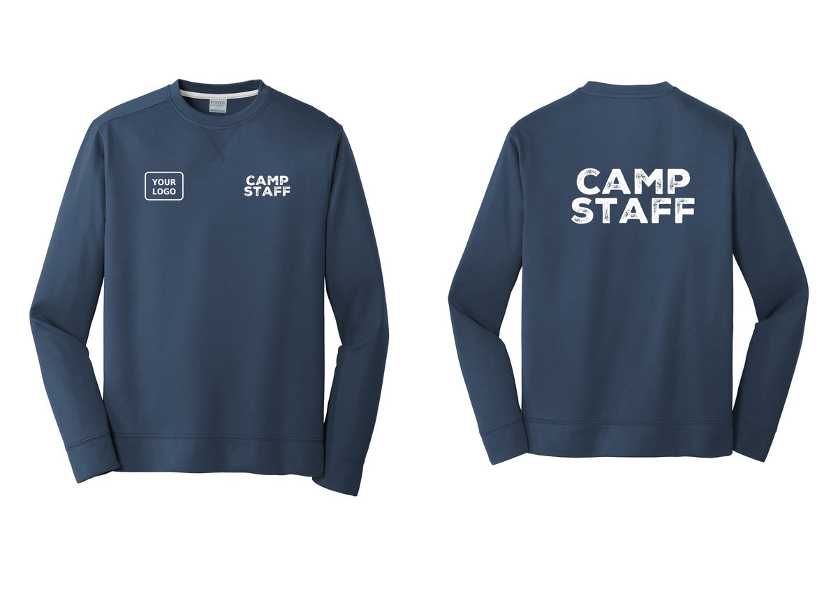 NYC Factory Custom Logo Camp Staff Performance Fleece Crewneck Sweatshirt (Rustic) - CAMP STAFF + Your Logo + Back - Navy