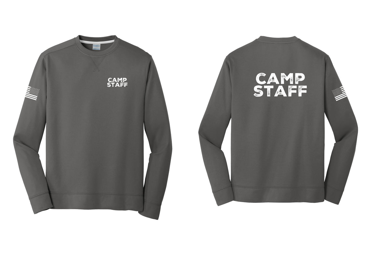 NYC Factory Camp Staff Performance Fleece Crewneck Sweatshirt (Rustic) - Chest + Back + US Flag Sleeve - Charcoal