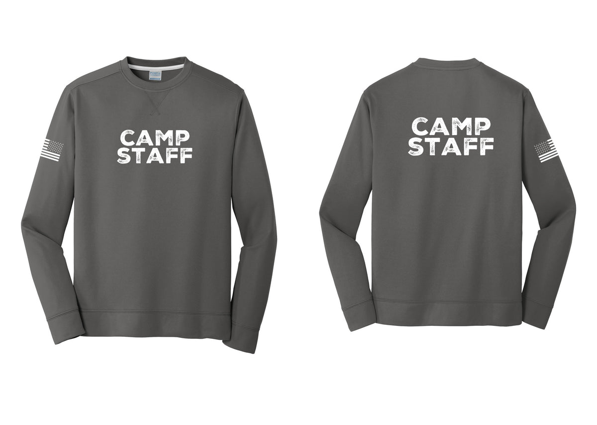 NYC Factory Camp Staff Performance Fleece Crewneck Sweatshirt (Rustic) - Front + Back + US Flag Sleeve - Charcoal