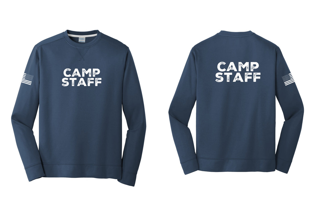NYC Factory Camp Staff Performance Fleece Crewneck Sweatshirt (Rustic) - Front + Back + US Flag Sleeve - Navy