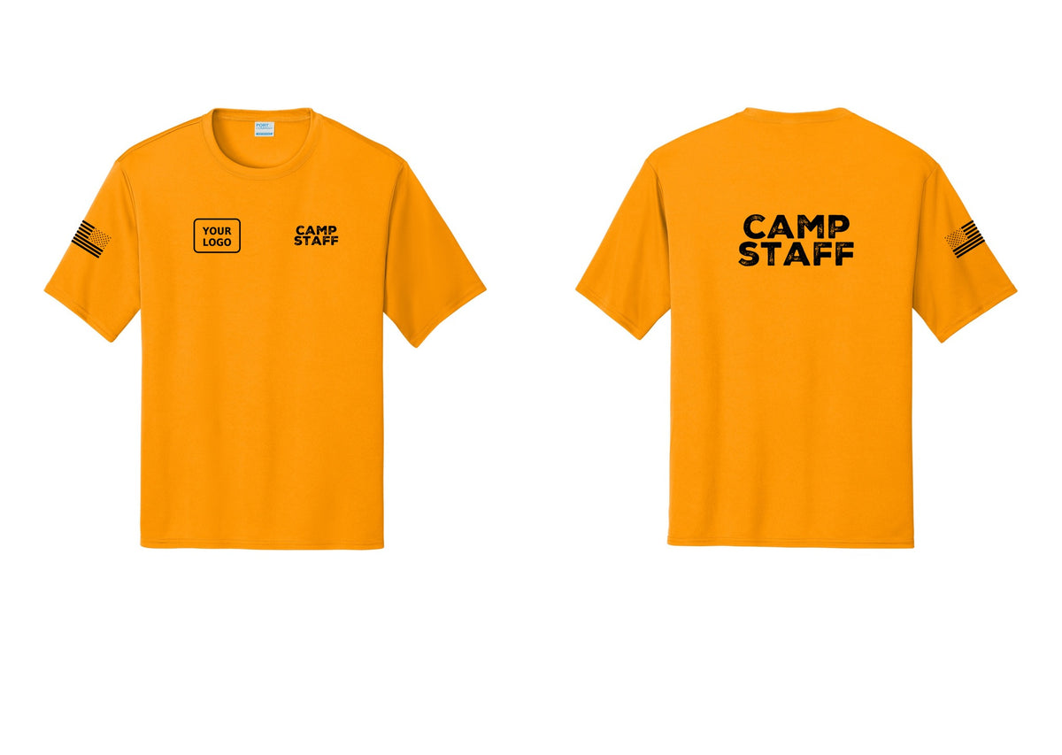 NYC Factory Custom Logo Camp Staff Performance T-Shirt (Rustic) - CAMP STAFF + Your Logo + Back + US Flag Sleeve - Gold