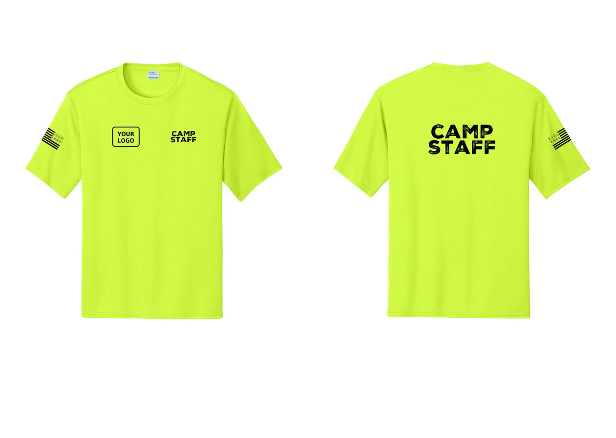 NYC Factory Custom Logo Camp Staff Performance T-Shirt (Rustic) - CAMP STAFF + Your Logo + Back + US Flag Sleeve - Neon Yellow