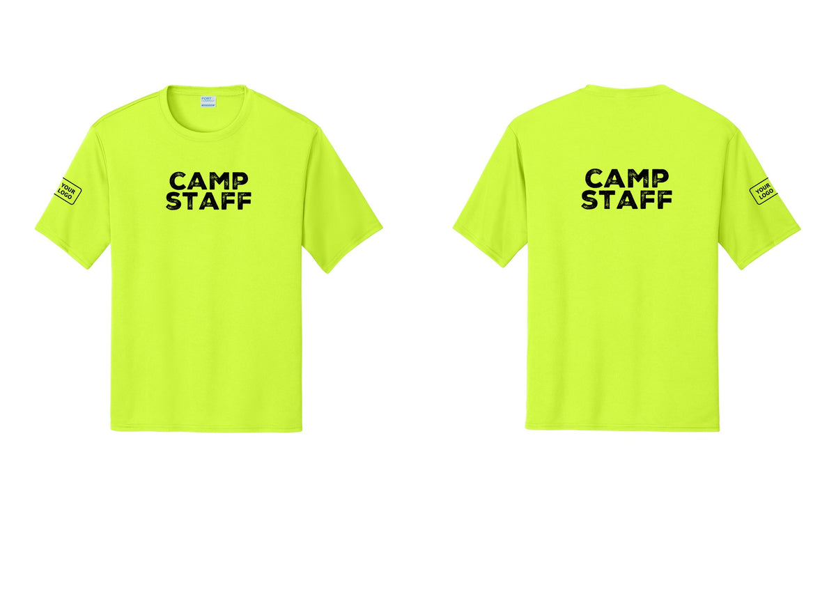NYC Factory Custom Logo Camp Staff Performance T-Shirt (Rustic) - Front + Back + Your Logo Sleeve - Neon Yellow
