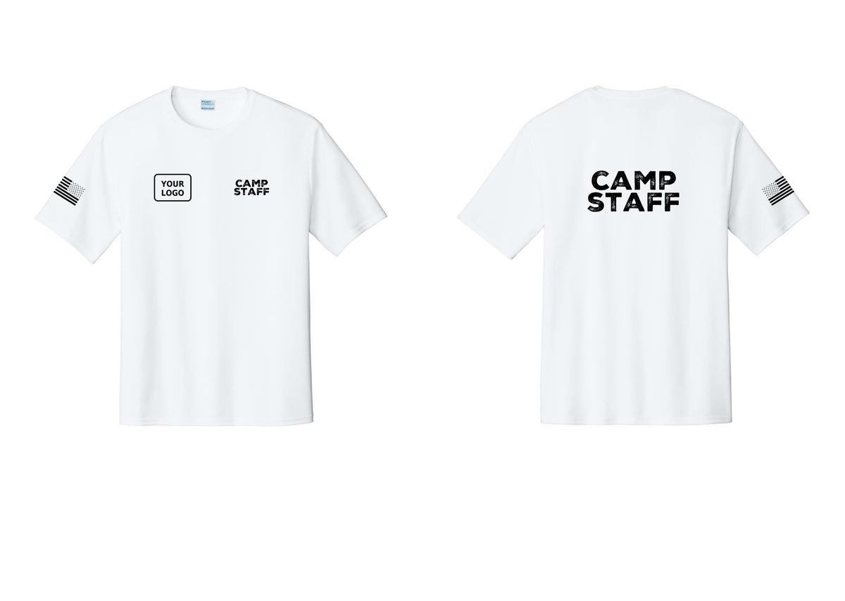 NYC Factory Custom Logo Camp Staff Performance T-Shirt (Rustic) - CAMP STAFF + Your Logo + Back + US Flag Sleeve - White