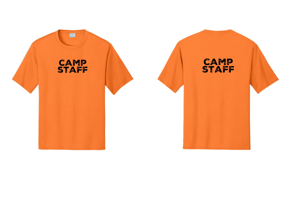 NYC Factory Camp Staff Performance T-Shirt (Rustic) - Front + Back - Neon Orange