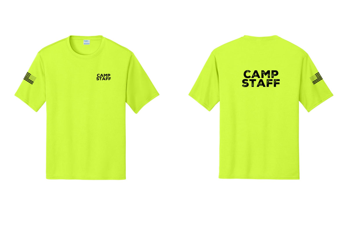 NYC Factory Camp Staff Performance T-Shirt (Rustic) - Chest + Back + US Flag Sleeve - Neon Yellow