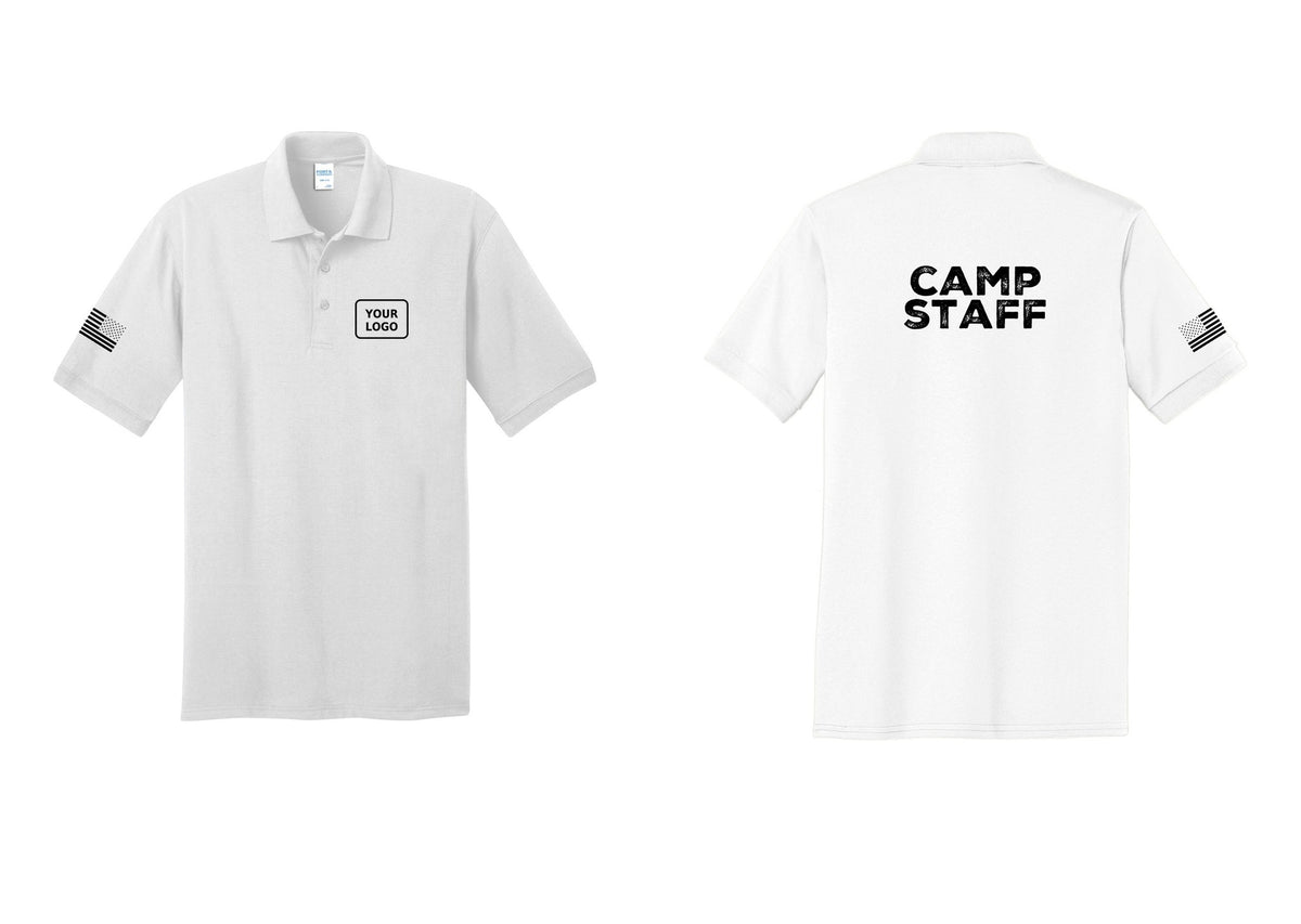 NYC Factory Custom Logo Camp Staff Polo Shirt (Rustic) - Your Logo + Back + US Flag Sleeve - White