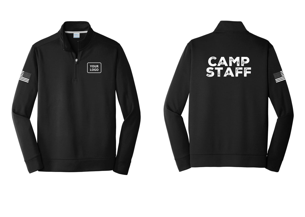 NYC Factory Custom Logo Camp Staff Performance Fleece 1/4-Zip Pullover Sweatshirt (Rustic) - Your Logo + Back + US Flag Sleeve - Black