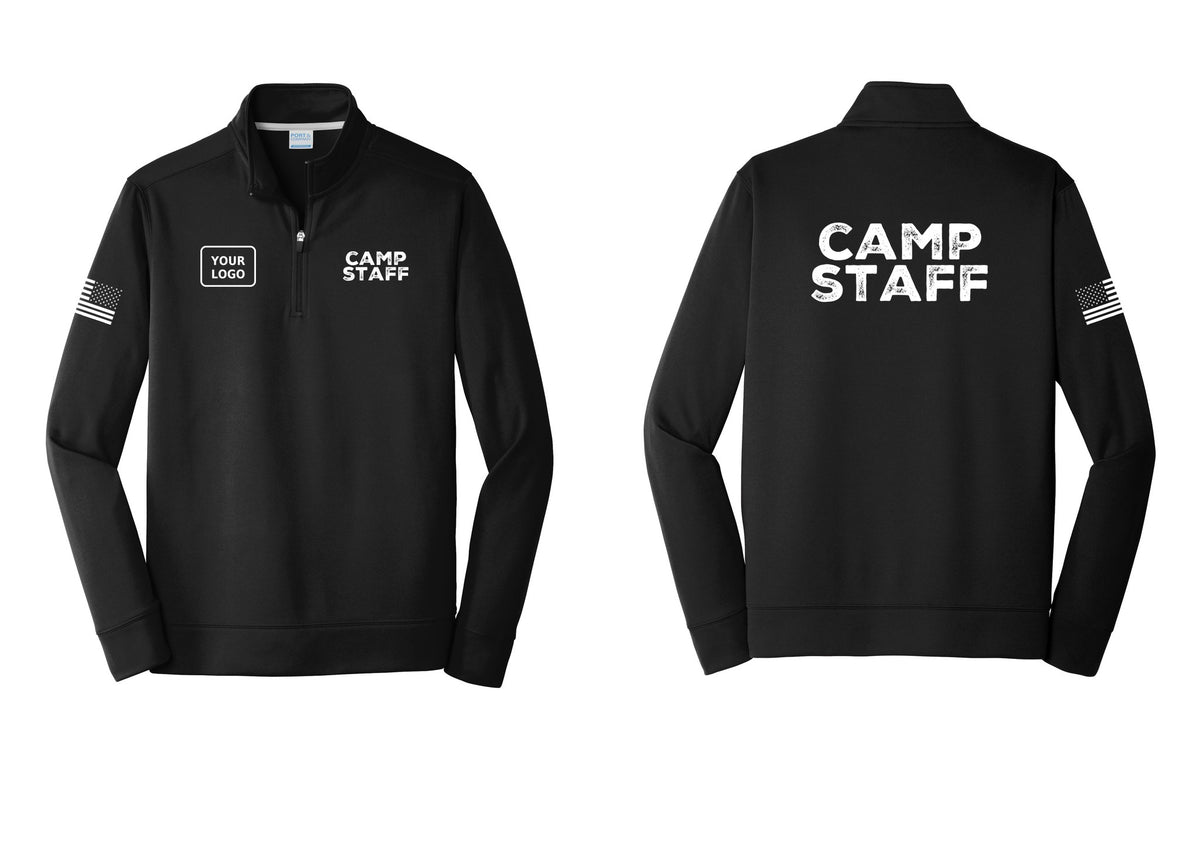 NYC Factory Custom Logo Camp Staff Performance Fleece 1/4-Zip Pullover Sweatshirt (Rustic) - CAMP STAFF + Your Logo + Back + US Flag Sleeve - Black
