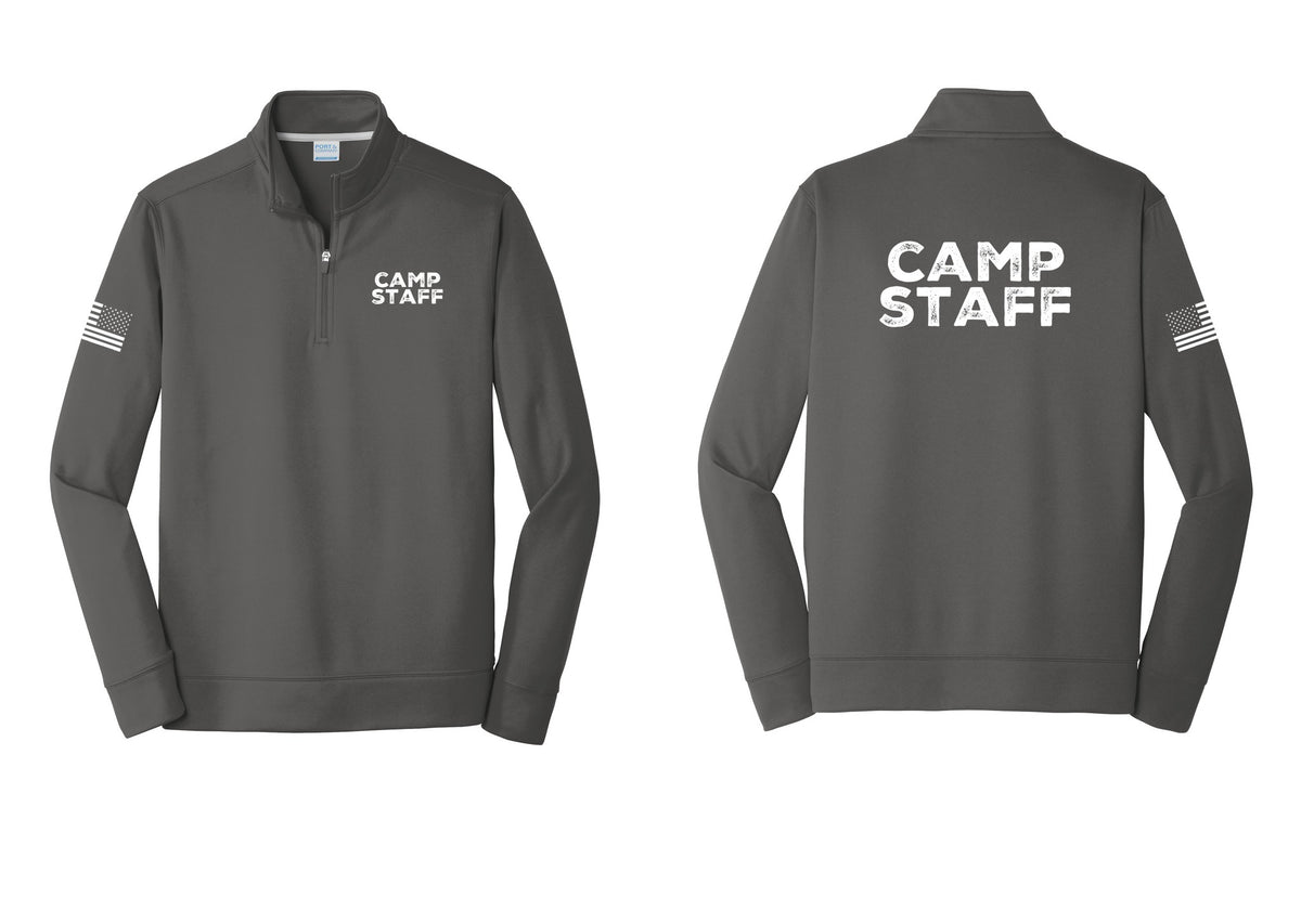 NYC Factory Camp Staff Performance Fleece 1/4-Zip Pullover Sweatshirt (Rustic) - Chest + Back + US Flag Sleeve - Charcoal