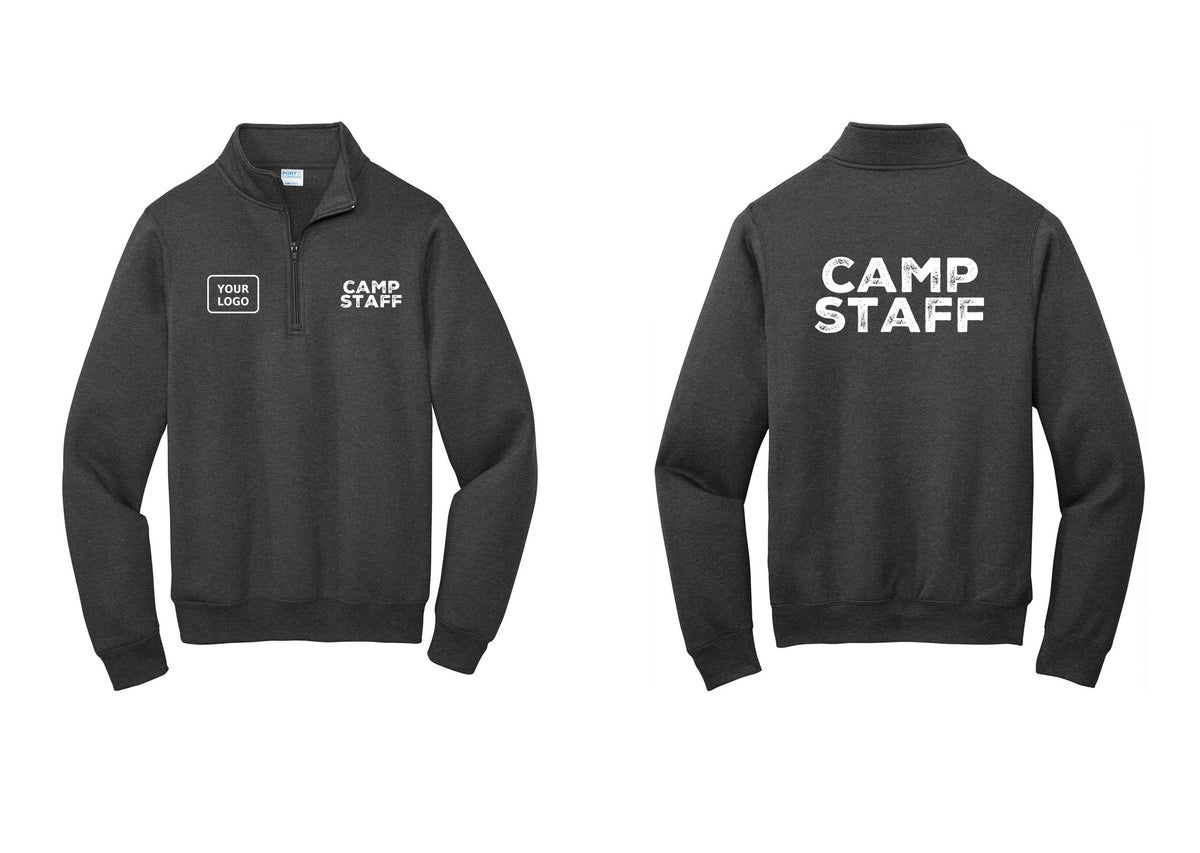 NYC Factory Custom Logo Camp Staff Cotton Fleece 1/4-Zip Pullover Sweatshirt (Rustic) - CAMP STAFF + Your Logo + Back - Dark Heather Grey