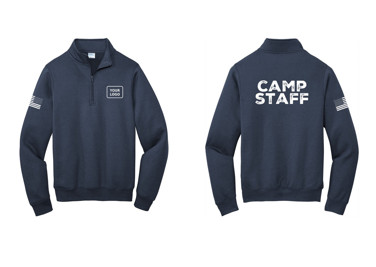 NYC Factory Custom Logo Camp Staff Cotton Fleece 1/4-Zip Pullover Sweatshirt (Rustic) - Your Logo + Back + US Flag Sleeve - Navy