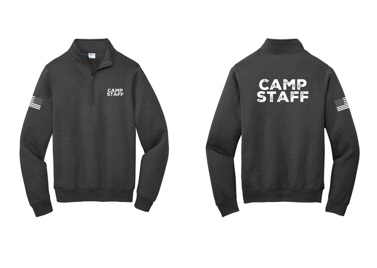 NYC Factory Camp Staff Cotton Fleece 1/4-Zip Pullover Sweatshirt (Rustic) - Chest + Back + US Flag Sleeve - Dark Heather Grey