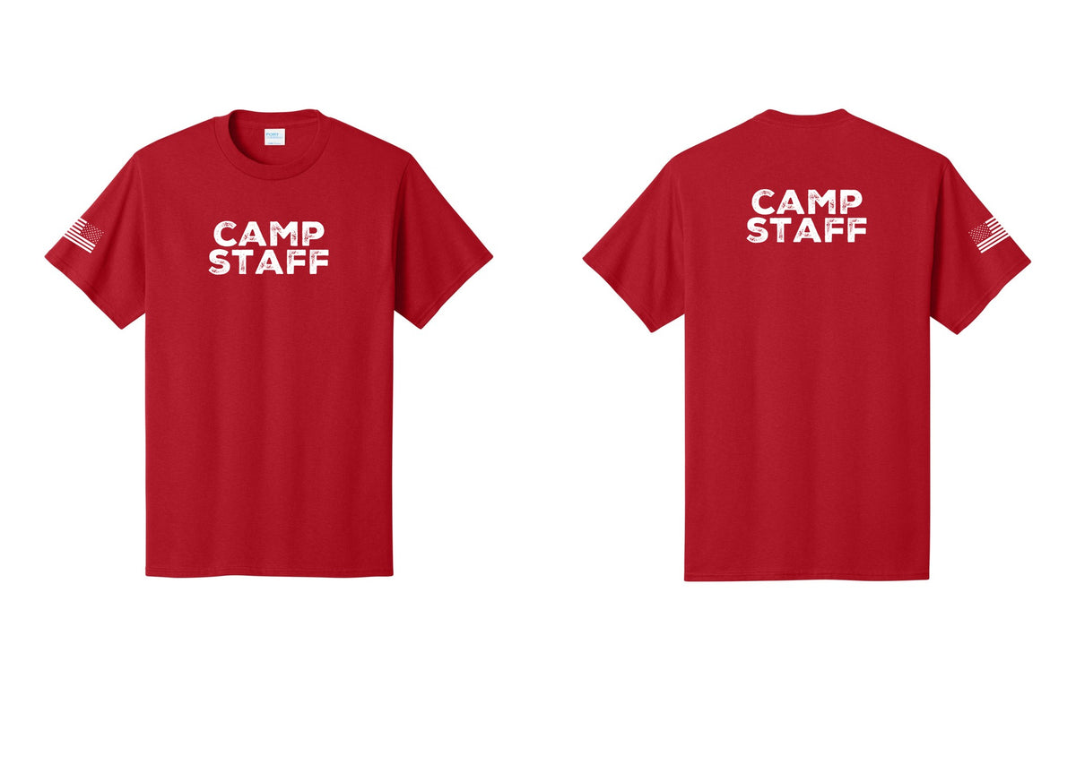 NYC Factory Camp Staff T-Shirt - Front + Back + US Flag Sleeve - Red