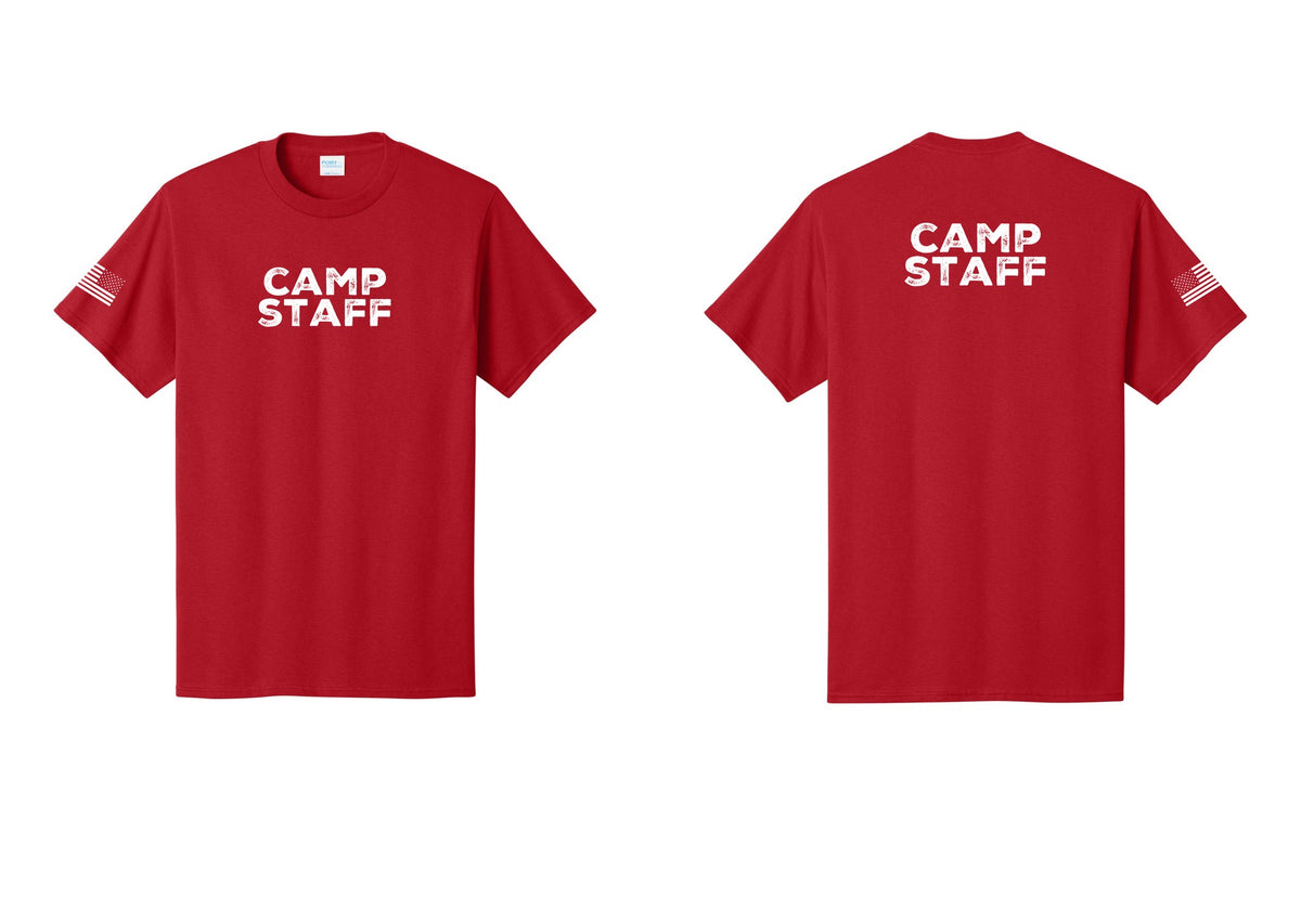 NYC Factory Unisex Camp Staff Charcoal T-Shirt - Front + Back + US Flag Sleeve - Red