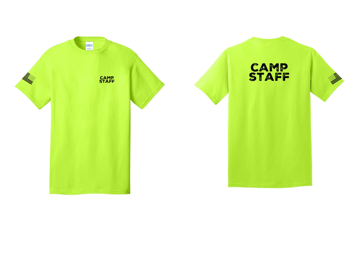 NYC Factory Camp Staff T-Shirt - Chest + Back + US Flag Sleeve - Safety Green