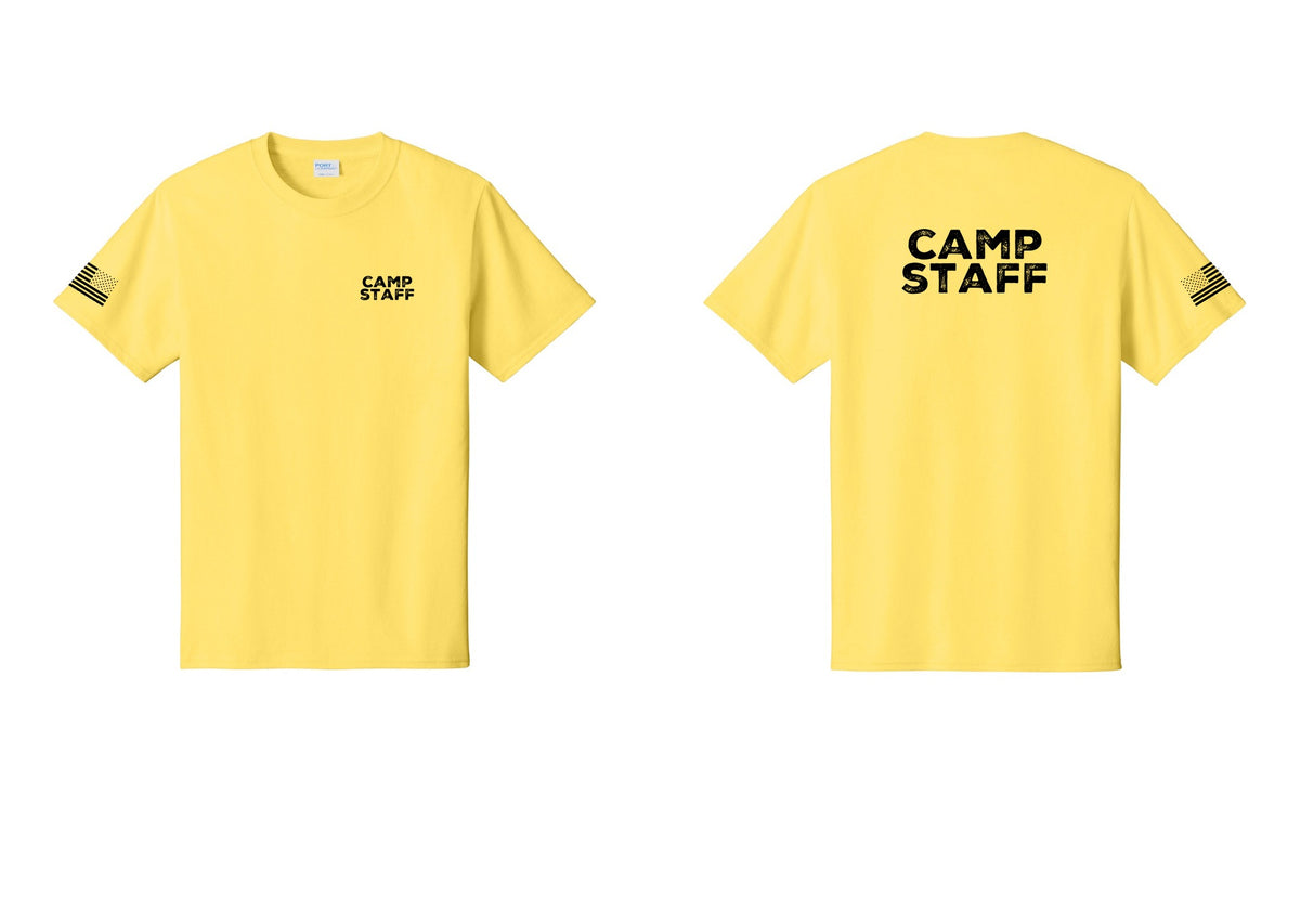 NYC Factory Camp Staff T-Shirt - Chest + Back + US Flag Sleeve - Yellow