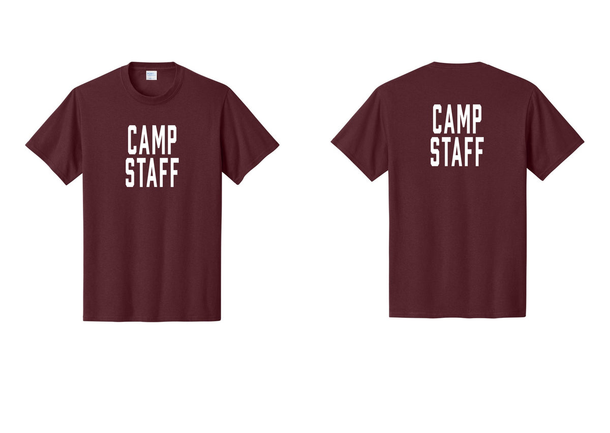 NYC Factory Camp Staff T-Shirt, Condensed Lettering - Front + Back - Athletic Maroon
