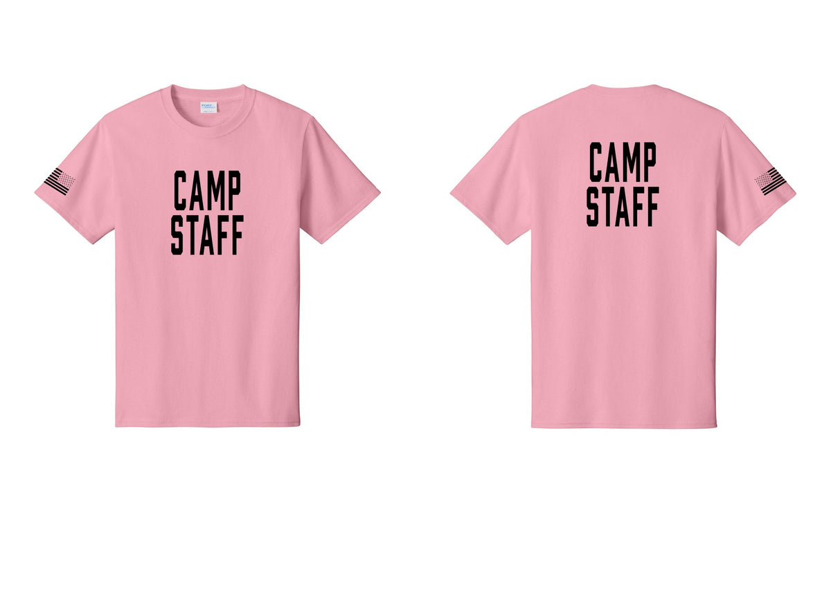 NYC Factory Camp Staff T-Shirt, Condensed Lettering - Front + Back + US Flag Sleeve - Candy Pink