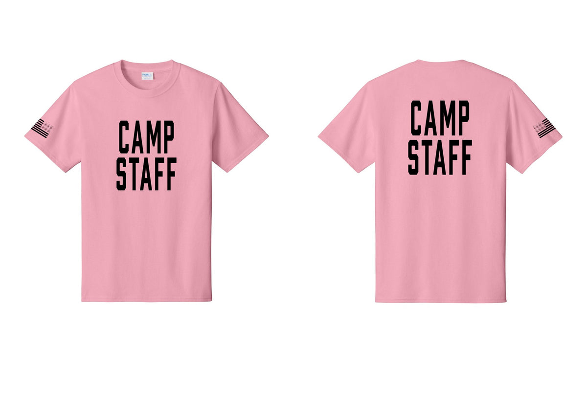 NYC Factory Unisex Camp Staff Classic T-Shirt - Front + Back + US Flag Sleeve - Candy Pink