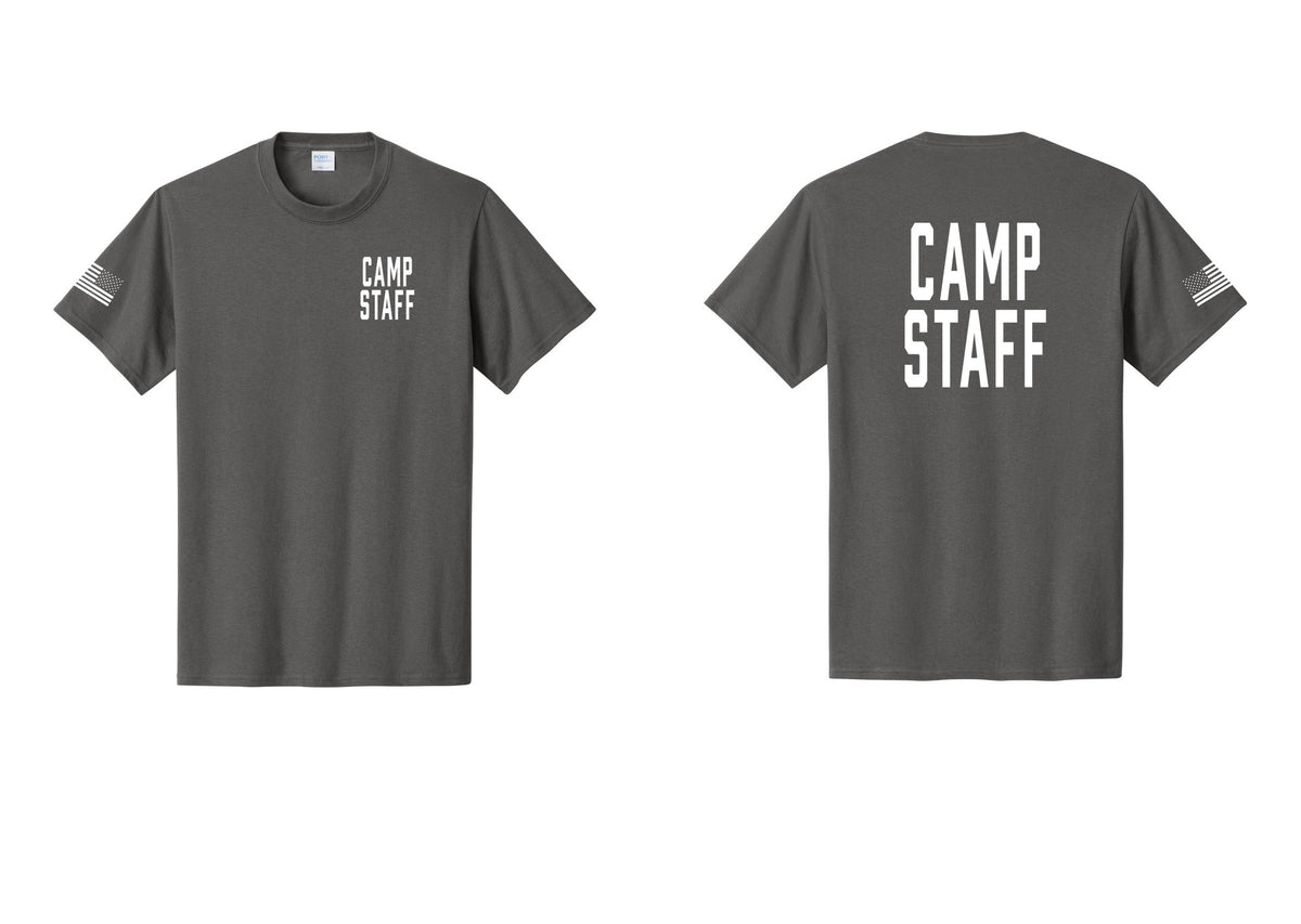 NYC Factory Unisex Camp Staff Classic T-Shirt - Chest + Back + US Flag Sleeve - Charcoal