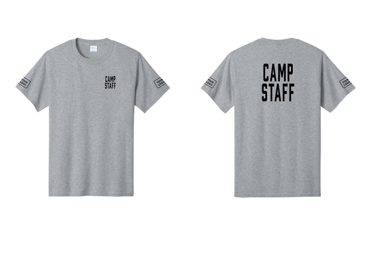 NYC Factory Custom Logo Camp Staff T-Shirt, Condensed Lettering - Chest + Back + Your Logo Sleeves - Athletic Heather