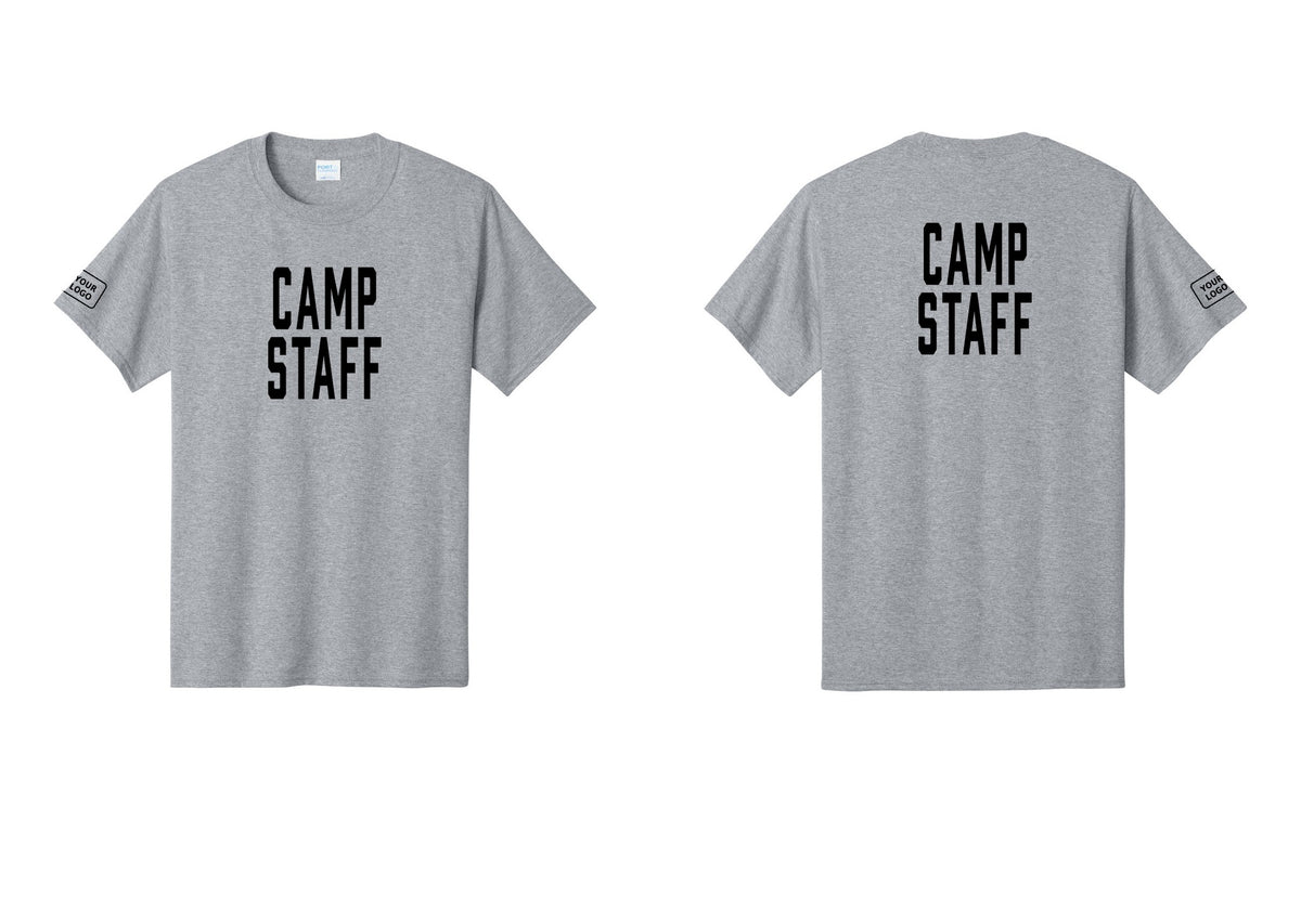 NYC Factory Custom Logo Camp Staff T-Shirt, Condensed Lettering - Front + Back + Your Logo Sleeve - Athletic Heather