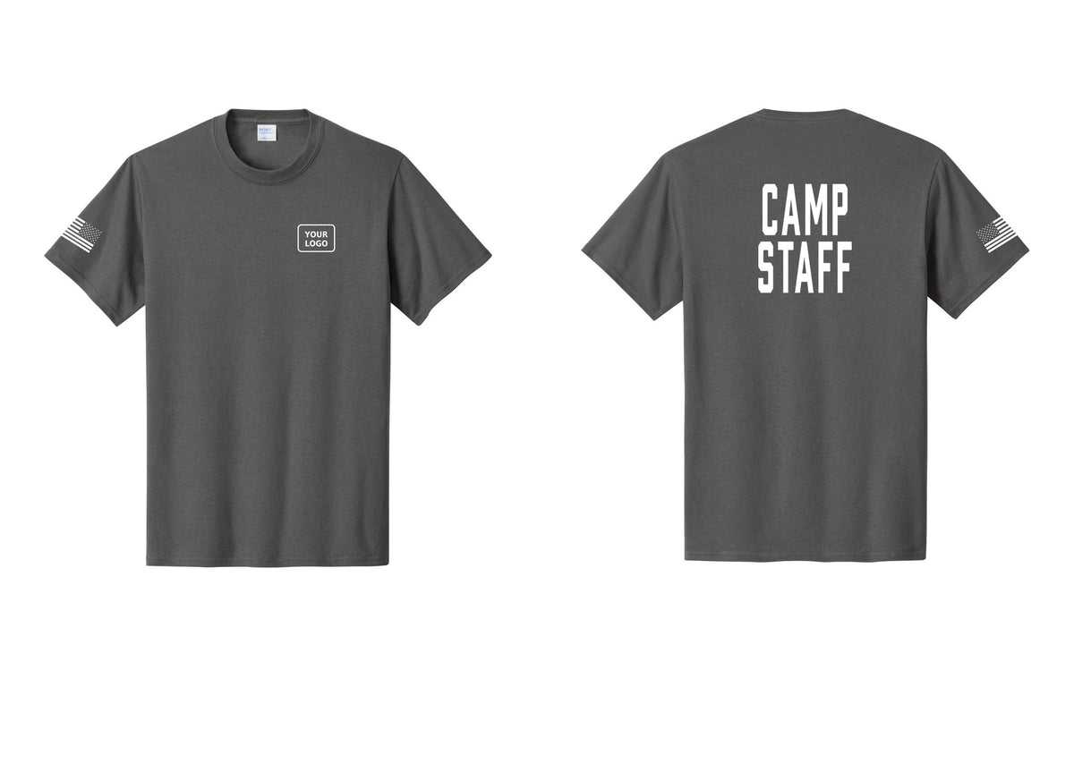 NYC Factory Custom Logo Camp Staff T-Shirt, Condensed Lettering - Your Logo + Back + US Flag Sleeve - Charcoal