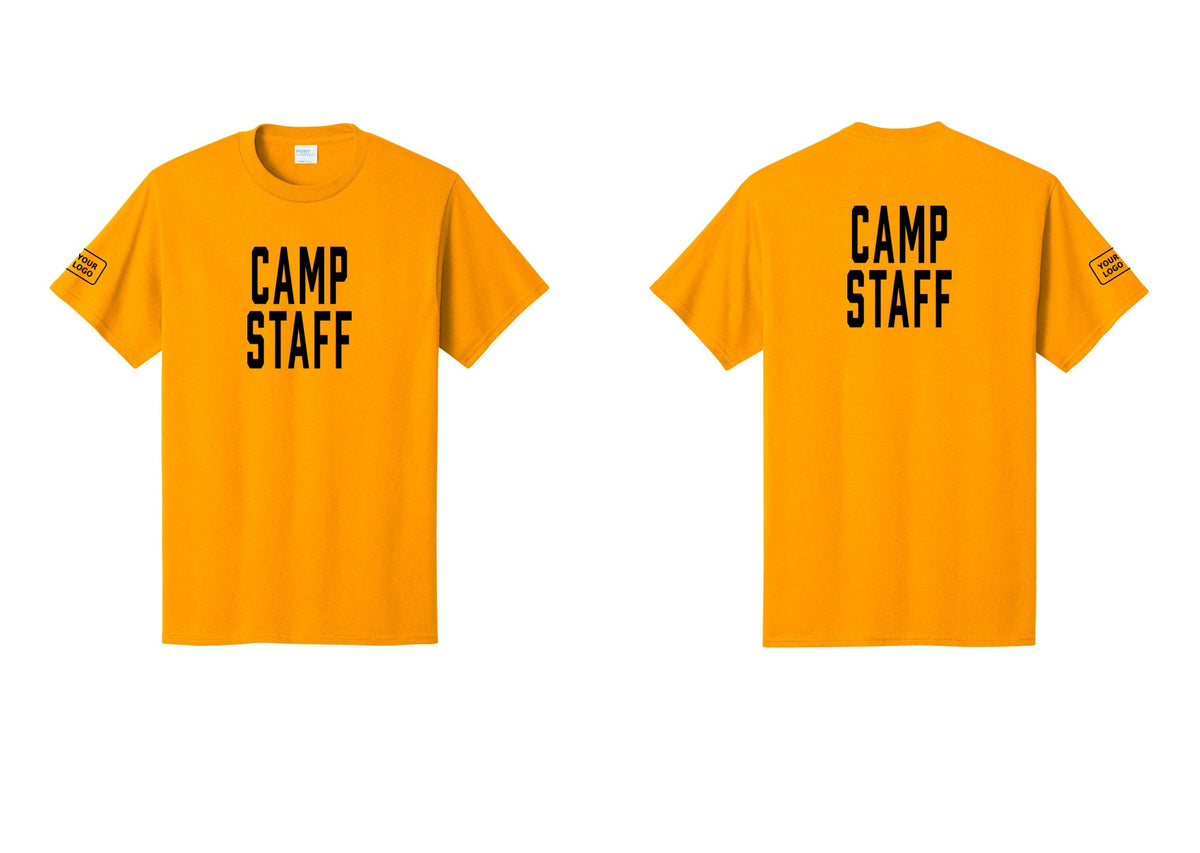 NYC Factory Custom Logo Camp Staff T-Shirt, Condensed Lettering - Front + Back + Your Logo Sleeve - Gold