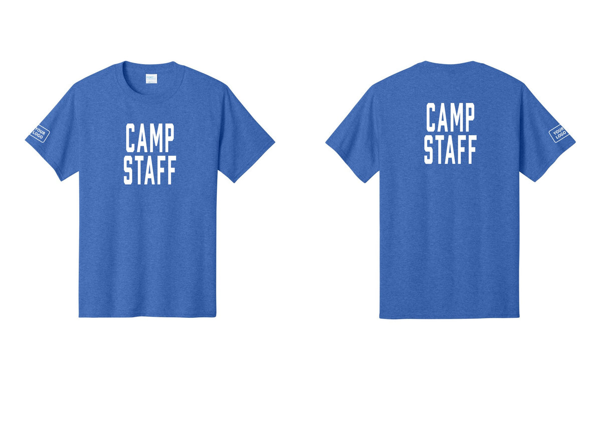 NYC Factory Custom Logo Camp Staff T-Shirt, Condensed Lettering - Front + Back + Your Logo Sleeve - Heather Royal