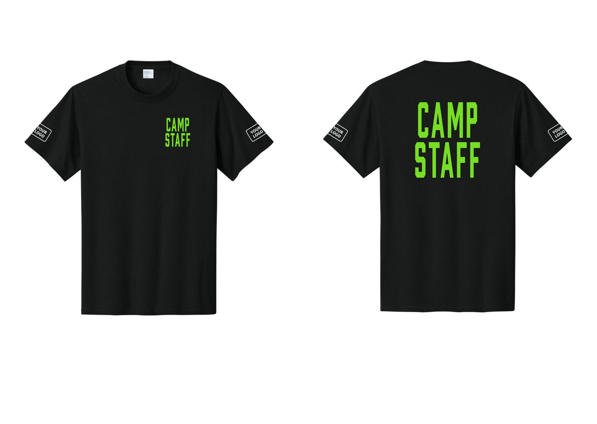 NYC Factory Unisex Custom Logo Camp Staff T-Shirt - Chest + Back + Your Logo Sleeves - Black / Neon