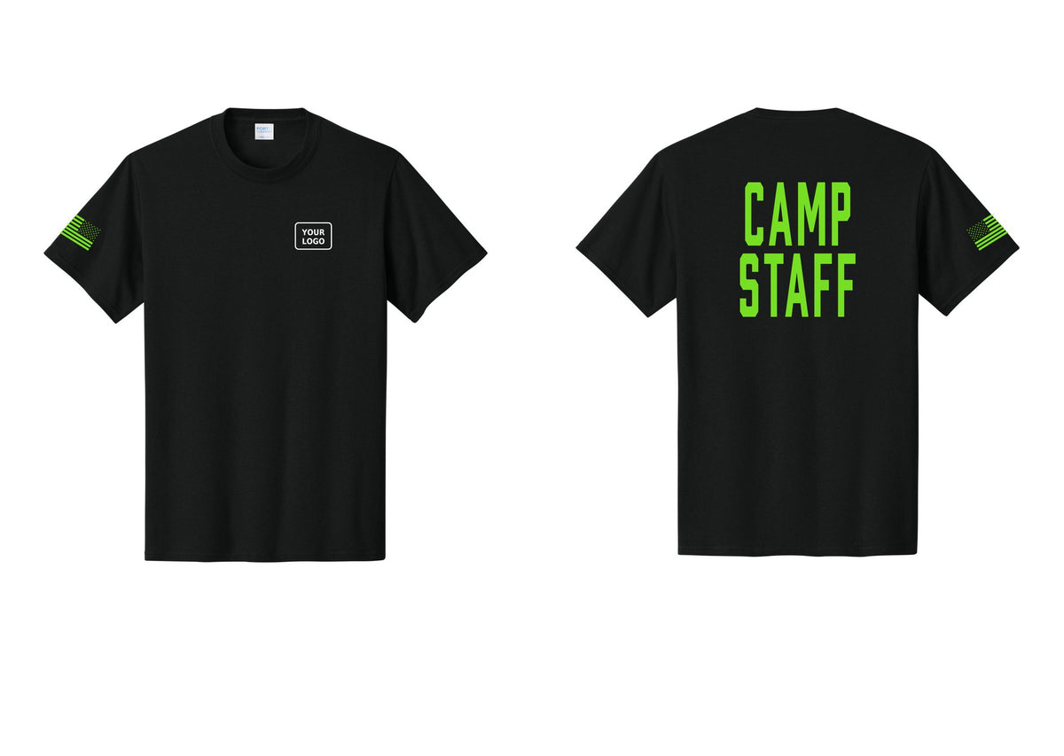 NYC Factory Unisex Custom Logo Camp Staff T-Shirt - Your Logo + Back + US Flag Sleeve - Black / Neon