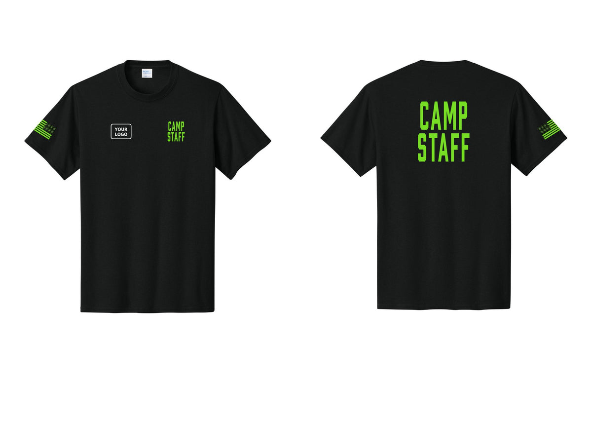 NYC Factory Custom Logo Camp Staff T-Shirt, Condensed Lettering - CAMP STAFF + Your Logo + Back + US Flag Sleeve - Black / Neon