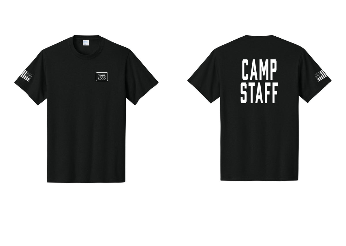 NYC Factory Unisex Custom Logo Camp Staff T-Shirt - Your Logo + Back + US Flag Sleeve - Black
