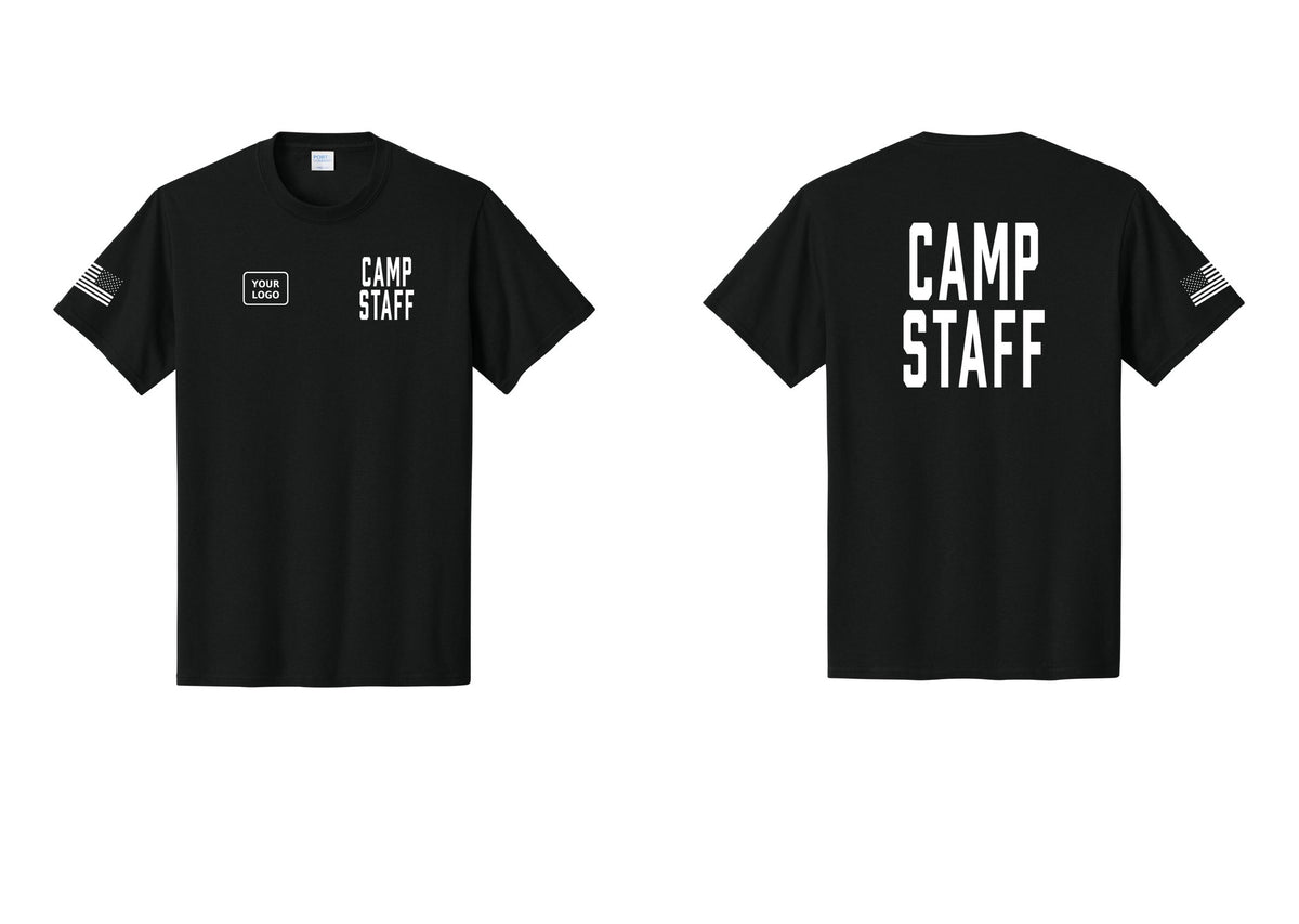 NYC Factory Unisex Custom Logo Camp Staff T-Shirt - CAMP STAFF + Your Logo + Back + US Flag Sleeve - Black