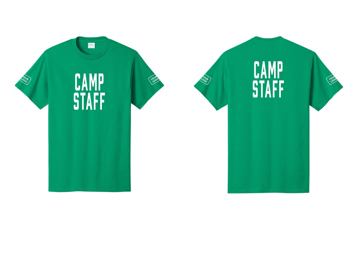 NYC Factory Custom Logo Camp Staff T-Shirt, Condensed Lettering - Front + Back + Your Logo Sleeves - Kelly