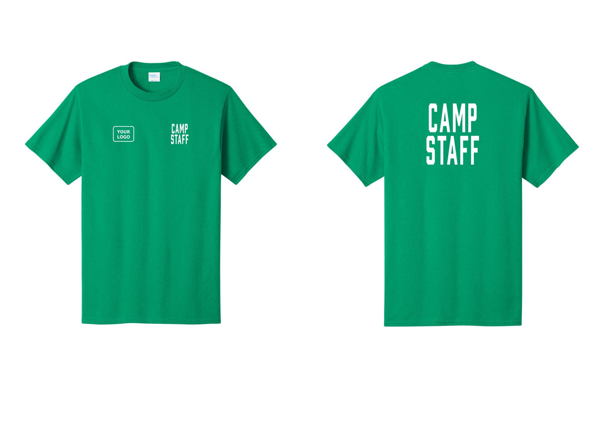 NYC Factory Custom Logo Camp Staff T-Shirt, Condensed Lettering - CAMP STAFF + Your Logo + Back - Kelly