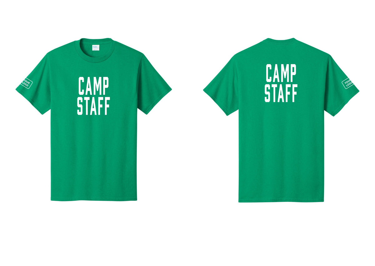 NYC Factory Custom Logo Camp Staff T-Shirt, Condensed Lettering - Front + Back + Your Logo Sleeve - Kelly
