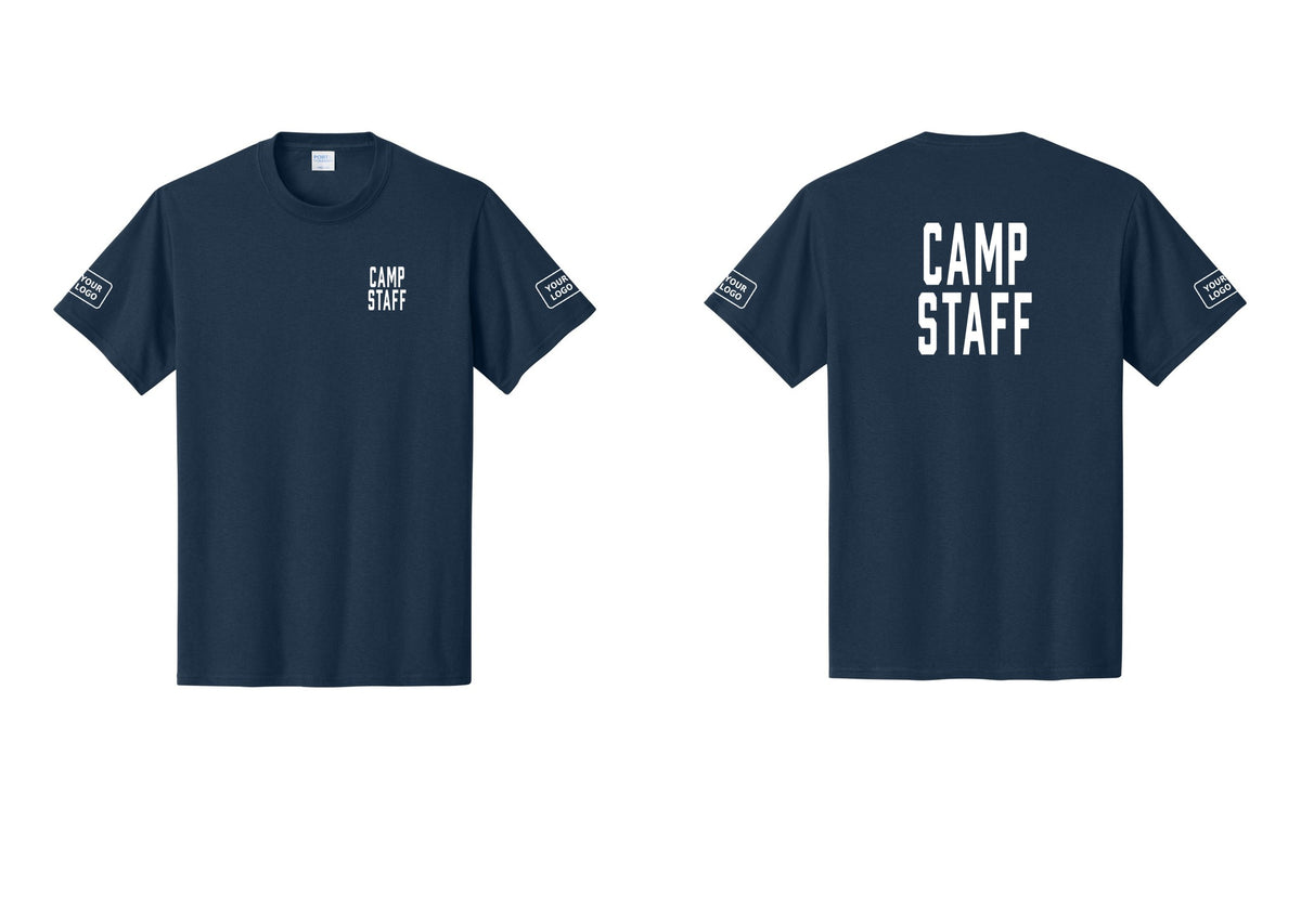 NYC Factory Custom Logo Camp Staff T-Shirt, Condensed Lettering - Chest + Back + Your Logo Sleeves - Navy