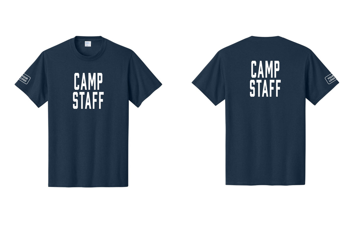 NYC Factory Custom Logo Camp Staff T-Shirt, Condensed Lettering - Front + Back + Your Logo Sleeve - Navy