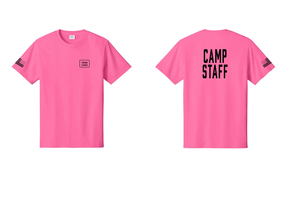 NYC Factory Custom Logo Camp Staff T-Shirt, Condensed Lettering - Your Logo + Back + US Flag Sleeve - Neon Pink