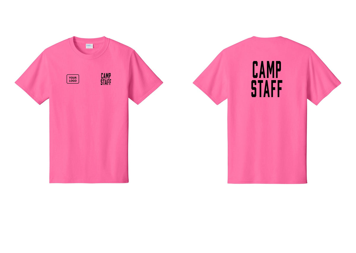 NYC Factory Custom Logo Camp Staff T-Shirt, Condensed Lettering - CAMP STAFF + Your Logo + Back - Neon Pink