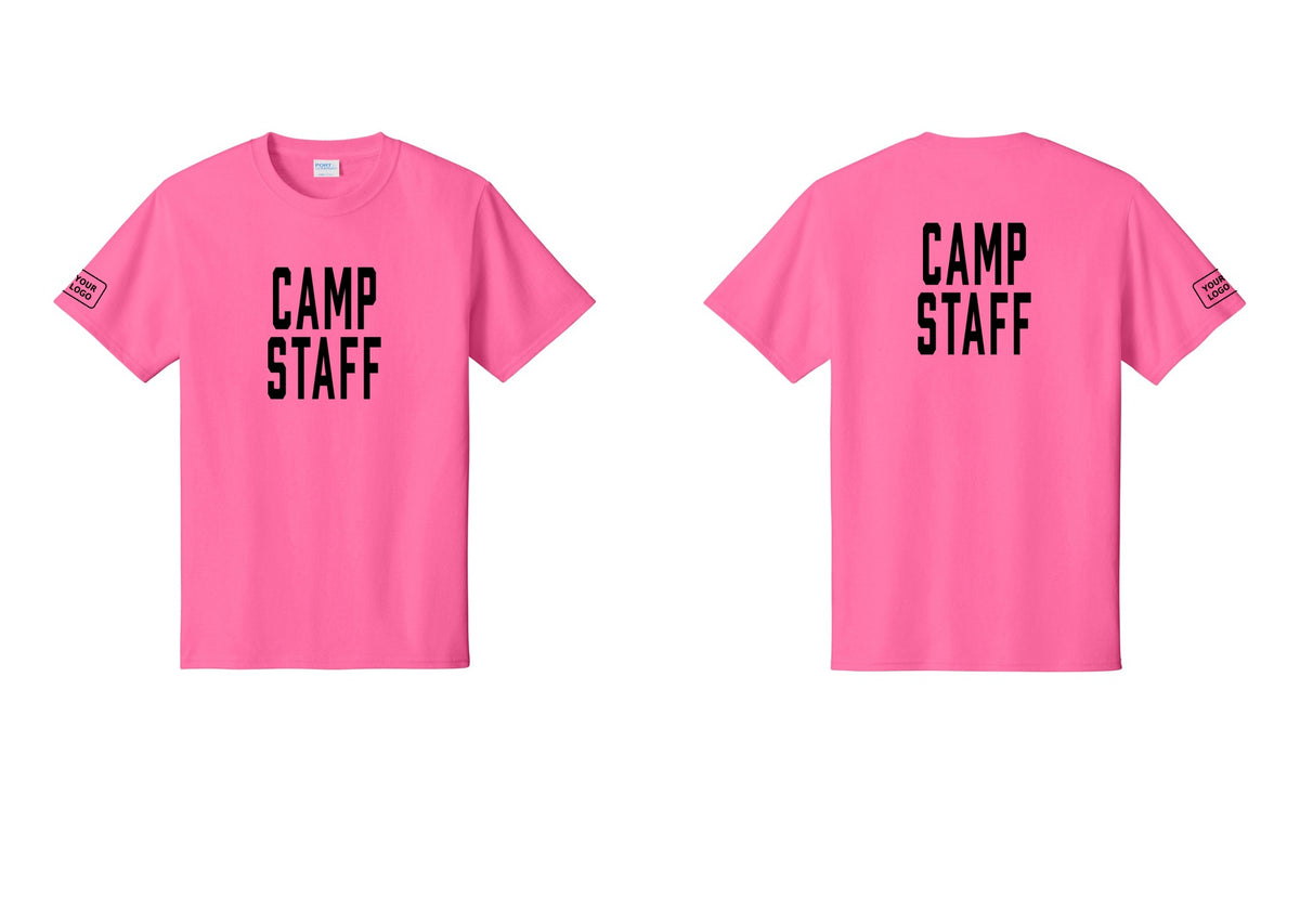 NYC Factory Custom Logo Camp Staff T-Shirt, Condensed Lettering - Front + Back + Your Logo Sleeve - Neon Pink